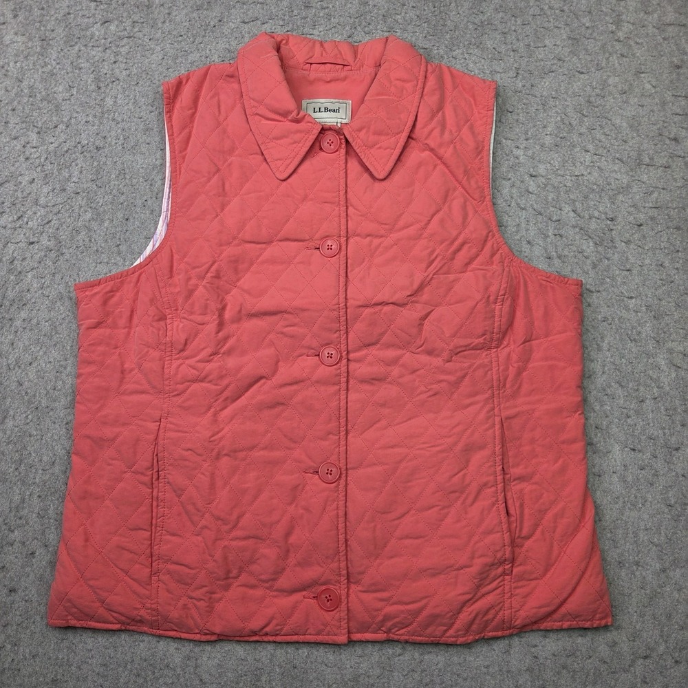 LL Bean Vest Womens Medium Red Quilted Button Up Outdoor Hike Work Nylon